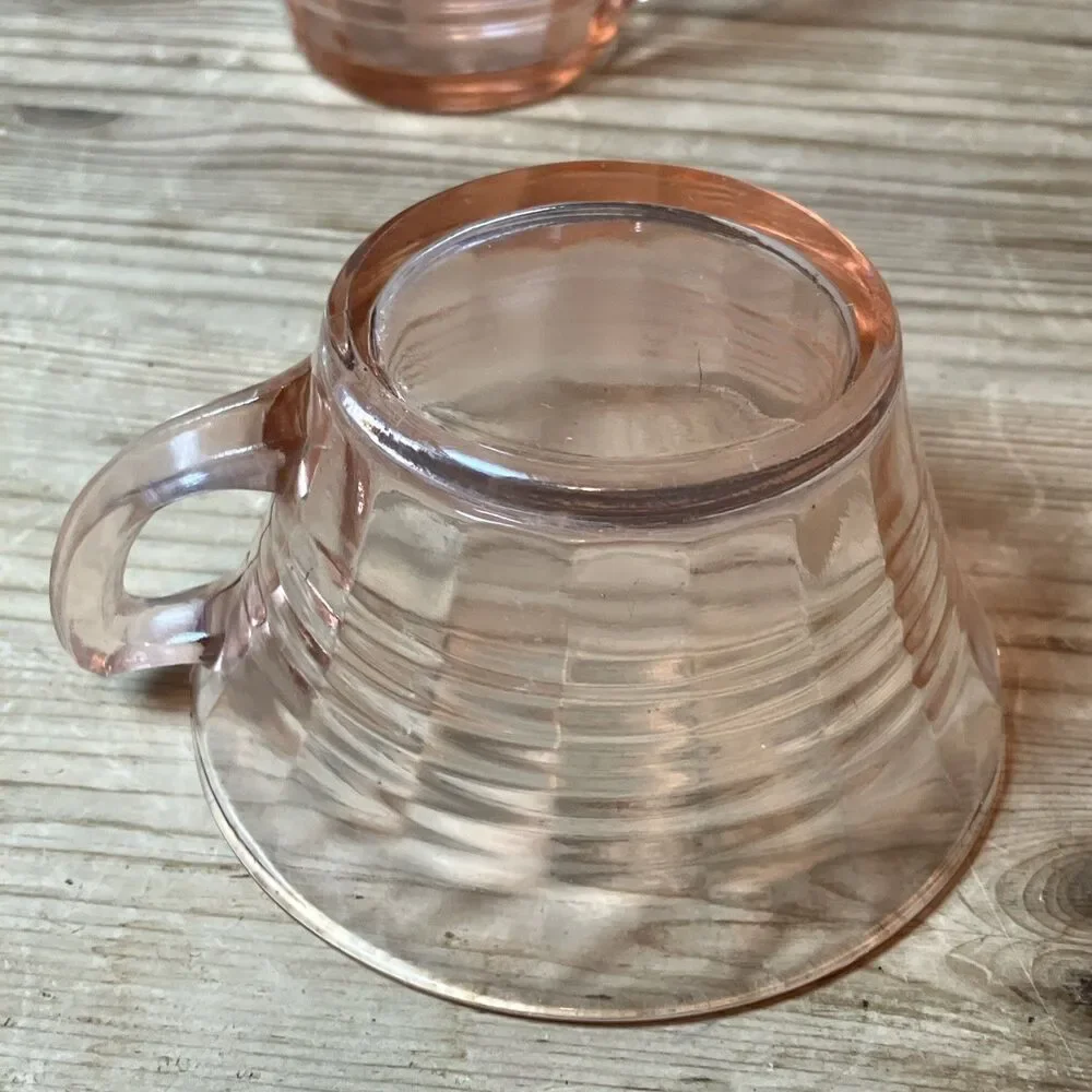 Vintage Pink Rings Depression Glass Cup Mugs Set Of 4 Art Deco Optic Design